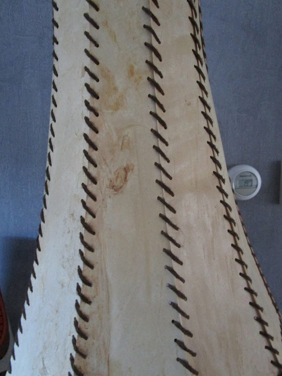 Image 1 of Vintage Rare Heavy Antique Wagon Wheel Ash Lamp With Genuine Leather Lampshade