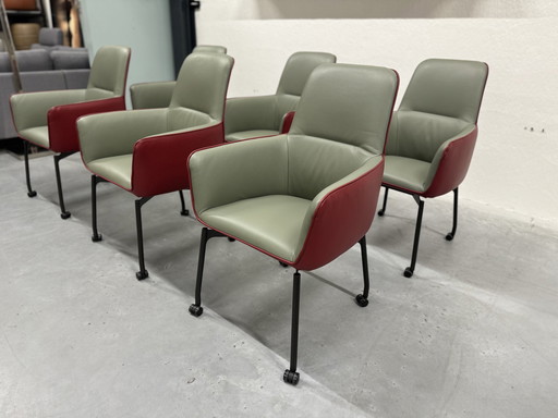 6 chaises de salle à manger Leolux Gyon à roulettes en cuir vert et rouge