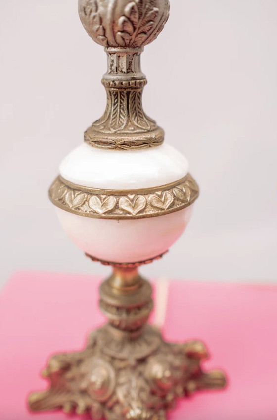 Image 1 of Lampe de table en laiton antique et marbre