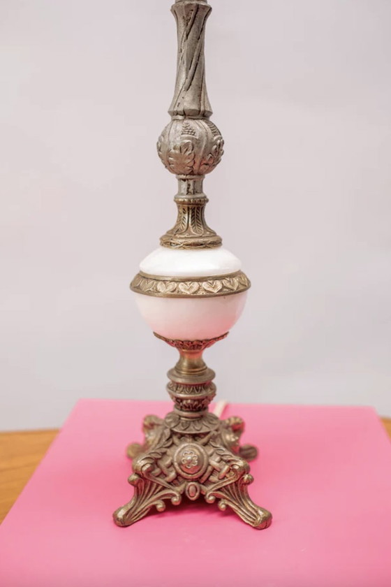 Image 1 of Lampe de table en laiton antique et marbre