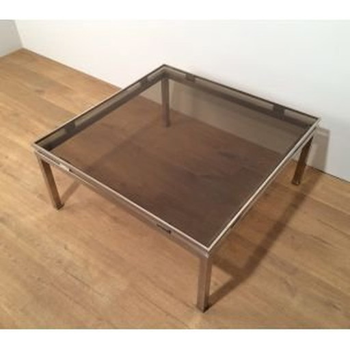 Table basse carrée vintage en métal brossé et verre par Guy Lefèvre, 1970