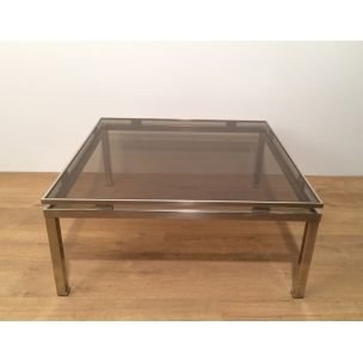 Table basse carrée vintage en métal brossé et verre par Guy Lefèvre, 1970