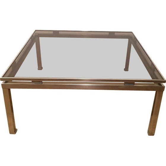 Image 1 of Table basse carrée vintage en métal brossé et verre par Guy Lefèvre, 1970