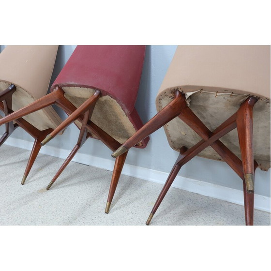 Image 1 of Ensemble de 4 chaises vintage en bois et laiton par Melchiorre Bega, 1950