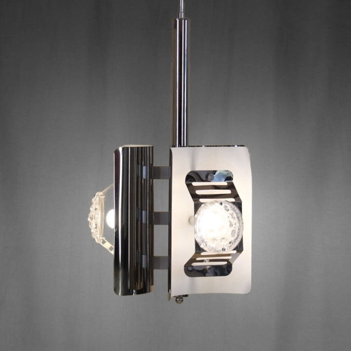 1x Lustre vintage en verre de Murano chromé et blanc, Italie 1970