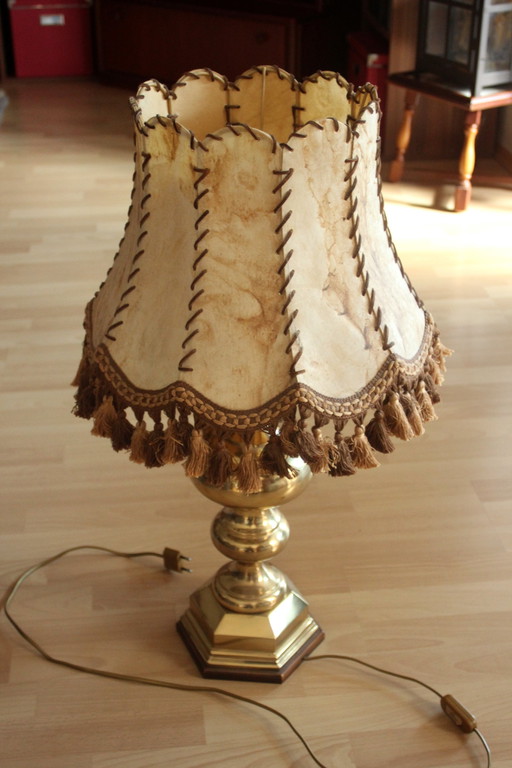 Mid Century Lampe de table sur pied en laiton lourd - Superbe lampe de salon - Abat-jour en cuir