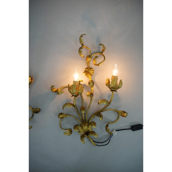 Paire d'appliques vintage en or avec motif floral, Italie 1960 – Appliques murales (photo 2 of 12)