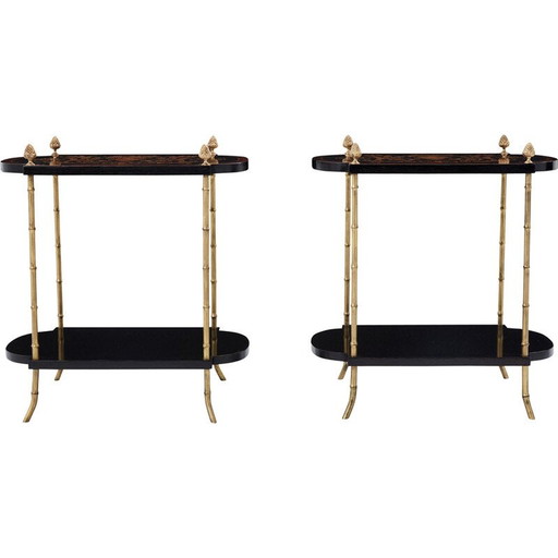 Paire de tables d'appoint vintage en poirier noirci et bronze pour La Maison Baguès, 1940