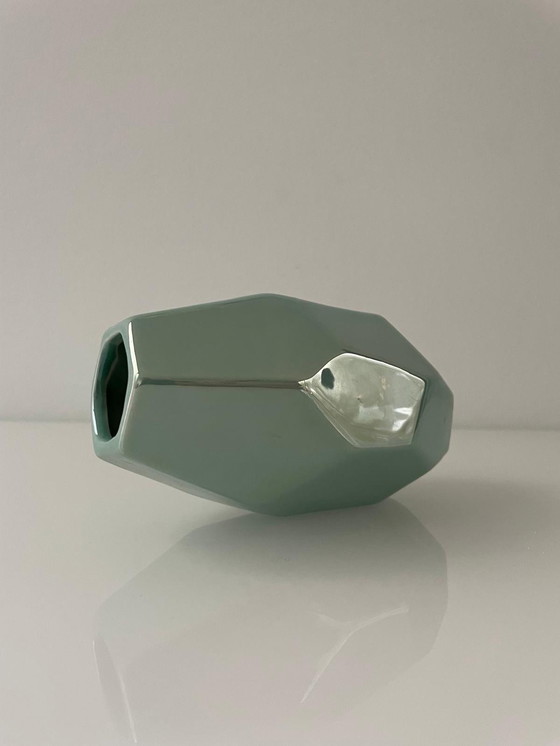 Image 1 of Vase géométrique turquoise à glaçure perlée