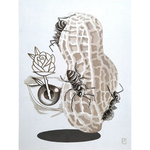 Peinture acrylique vintage "Fourmis et cacahuètes" par Pierre Jacob, 2020