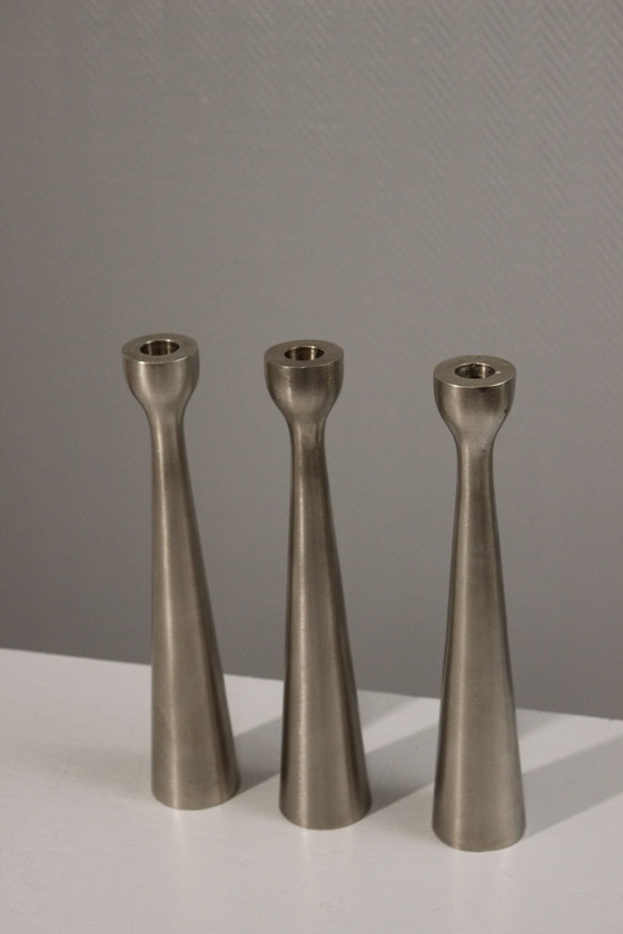 Image 1 of Lot De 3 Bougeoirs Diabolo Aluminium Vintage Design Scandinave Post-Moderne