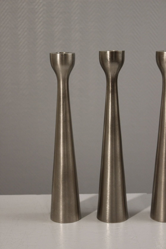 Image 1 of Lot De 3 Bougeoirs Diabolo Aluminium Vintage Design Scandinave Post-Moderne