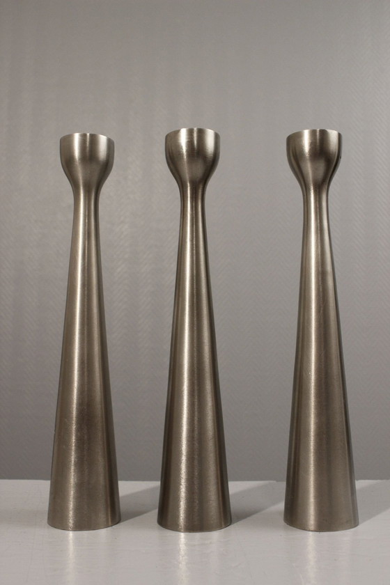Image 1 of Lot De 3 Bougeoirs Diabolo Aluminium Vintage Design Scandinave Post-Moderne