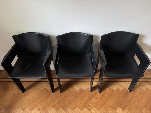 3x Arco Chaises de salle à manger en cuir et bois