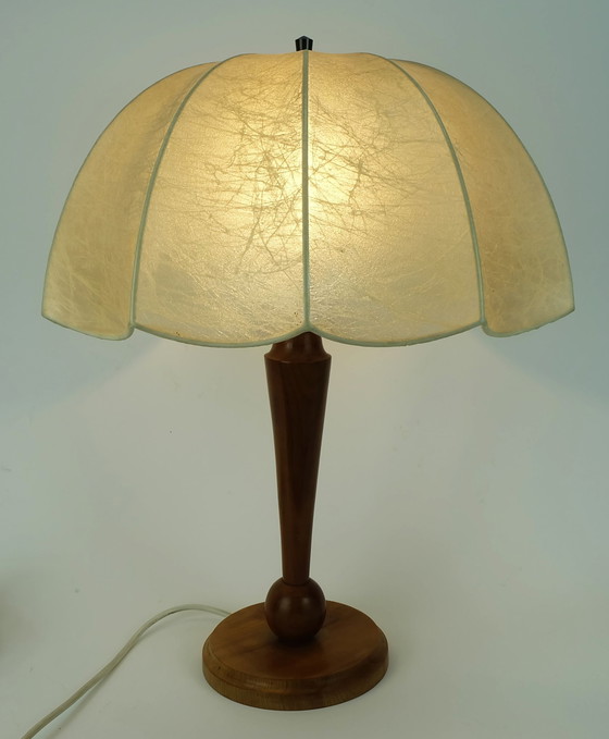 Image 1 of Rare Grande Lampe de Table Cocoon Moderne Mid Century Base en Bois de Cerisier 1970S