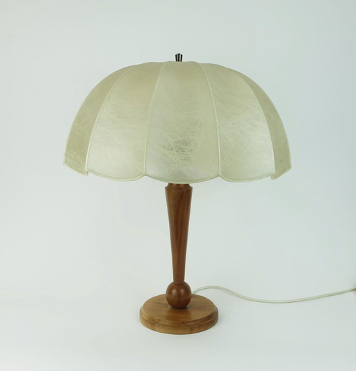 Rare Grande Lampe de Table Cocoon Moderne Mid Century Base en Bois de Cerisier 1970S