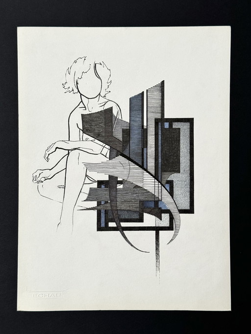 Composition graphique avec une femme - Eugèn Eechaut (1928-2019)