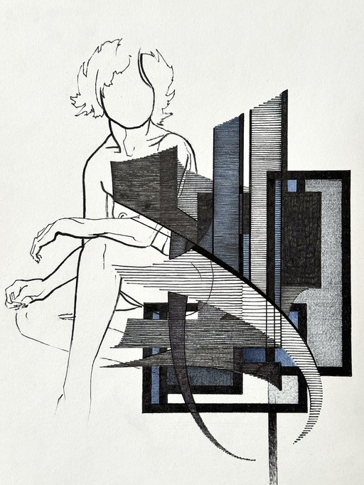 Composition graphique avec une femme - Eugèn Eechaut (1928-2019)