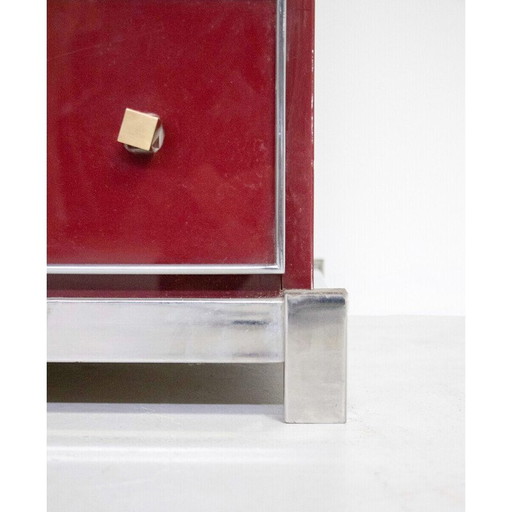 Secrétaire rouge vintage en laiton, chrome et laque par Michel Pigneres, France 1970
