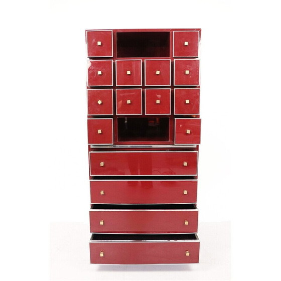 Image 1 of Secrétaire rouge vintage en laiton, chrome et laque par Michel Pigneres, France 1970