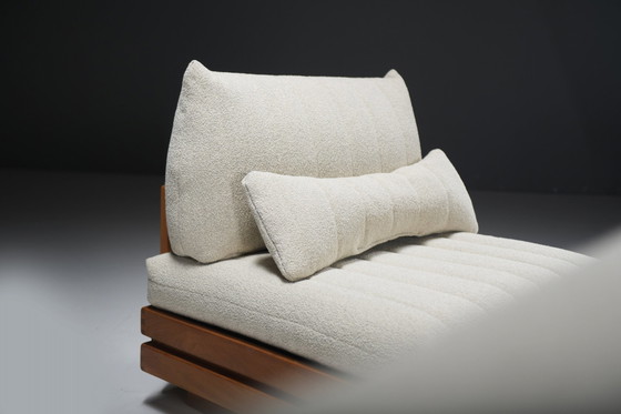 Image 1 of Perfect Elm Wooden Lounge Set In Bouclé By Maison Regain France 1970S