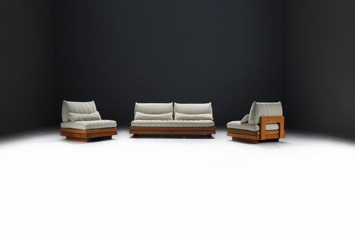 Perfect Elm Wooden Lounge Set In Bouclé By Maison Regain France 1970S