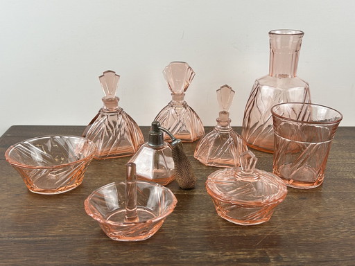 Set de flacons de parfum en verre pressé Art Déco rose