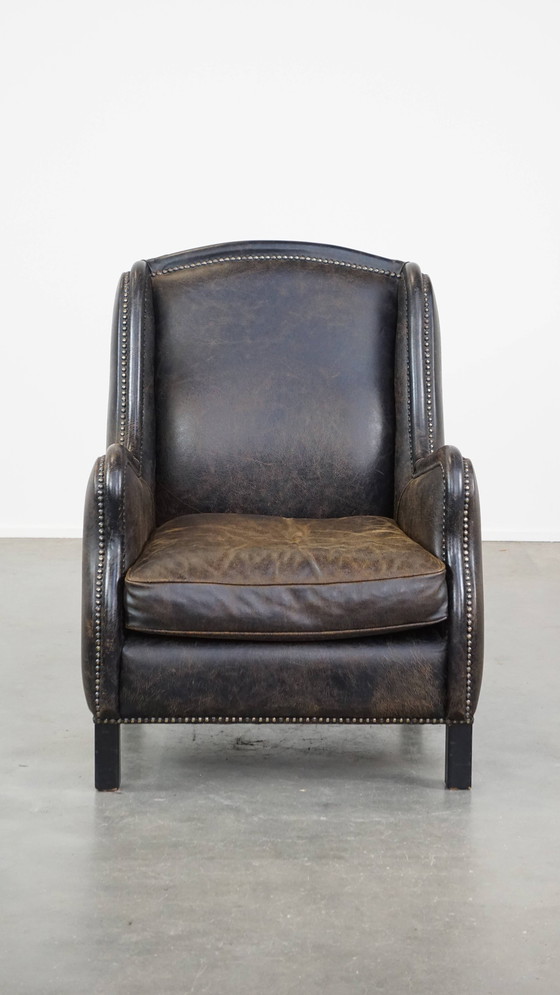 Image 1 of Fauteuil en cuir de bœuf noir