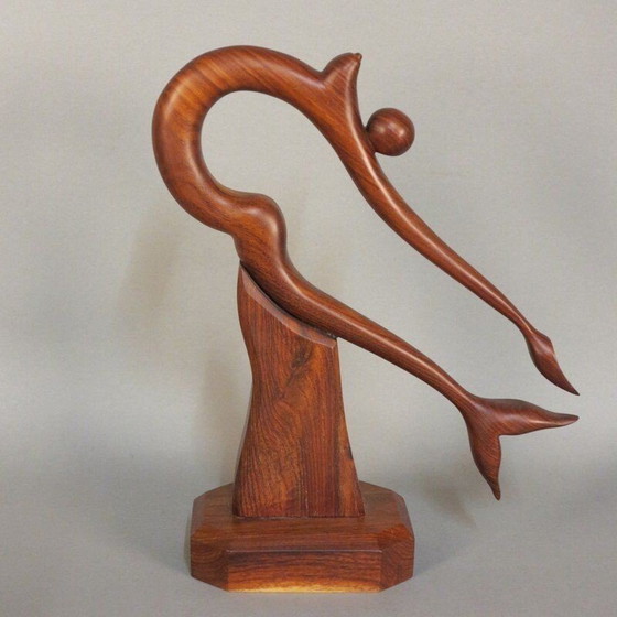 Image 1 of Sculpture vintage en bois de teck sur base avec représentation d'une sirène, Danemark 1950