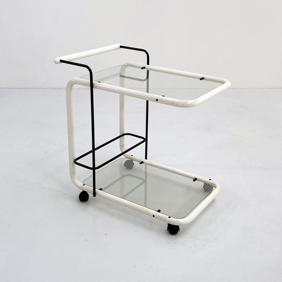 Image 1 of Chariot de service postmoderne blanc avec motif Quaderna, 1980S