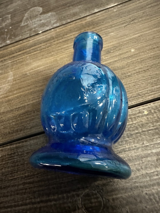 Image 1 of Petite Lampe À Huile - Verre Bombé Bleu - P. Masy Vers 1900