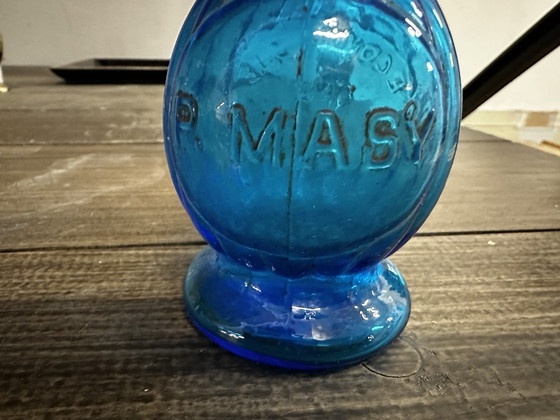 Image 1 of Petite Lampe À Huile - Verre Bombé Bleu - P. Masy Vers 1900