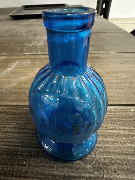 Image 1 of Petite Lampe À Huile - Verre Bombé Bleu - P. Masy Vers 1900