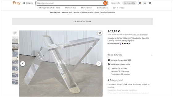 Image 1 of Sculpturale Table Basse Design 1970’S En Lucite Et Verre Par Jeffrey Bigelow