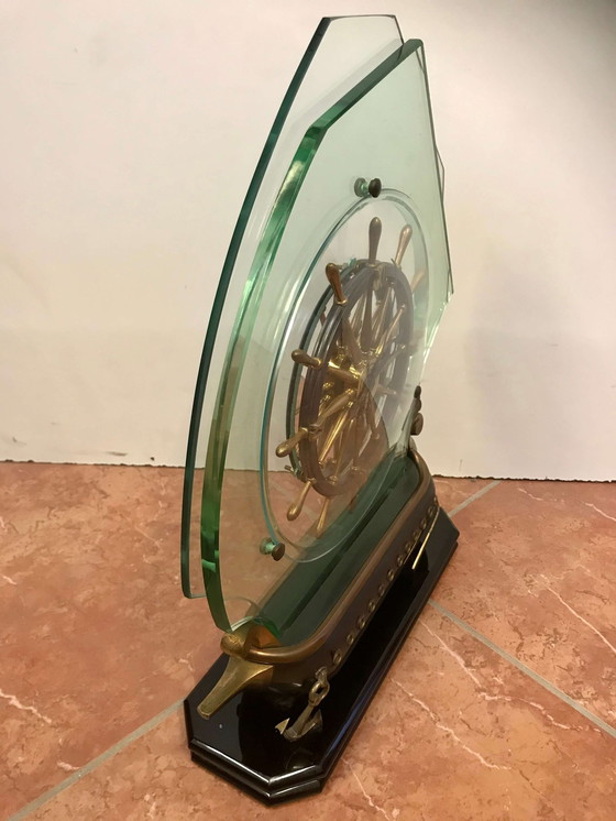 Image 1 of Horloge en bronze avec voiles en cristal, années 50