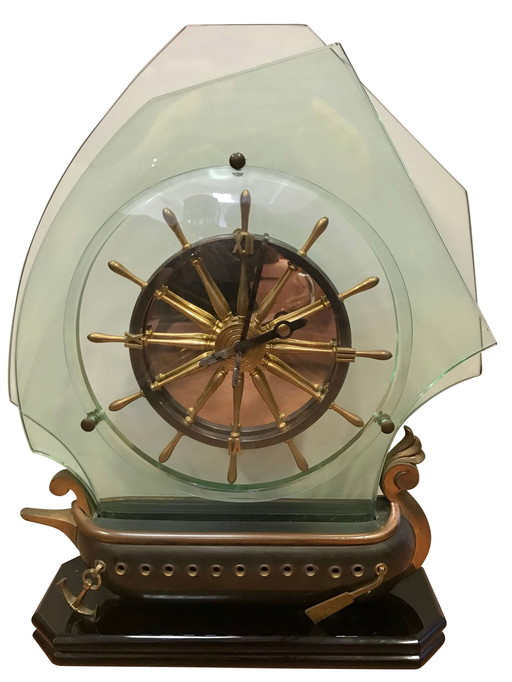 Horloge en bronze avec voiles en cristal, années 50