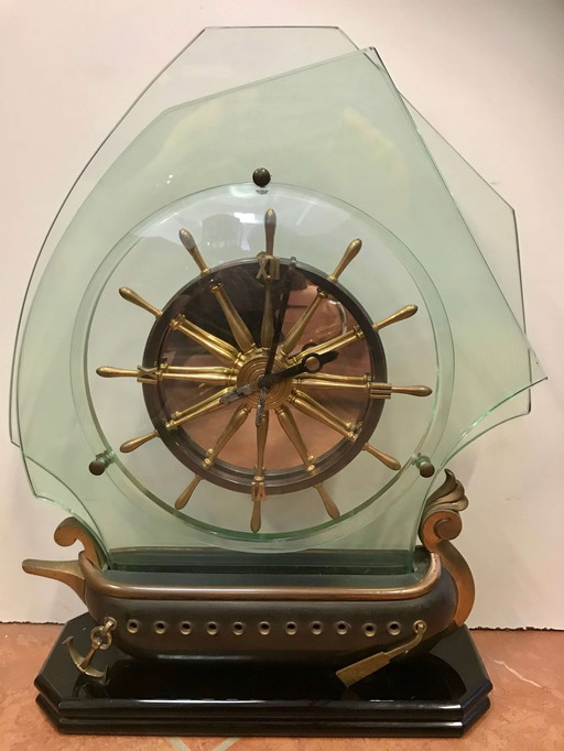 Horloge en bronze avec voiles en cristal, années 50