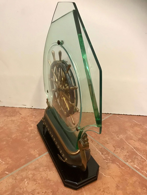 Image 1 of Horloge en bronze avec voiles en cristal, années 50