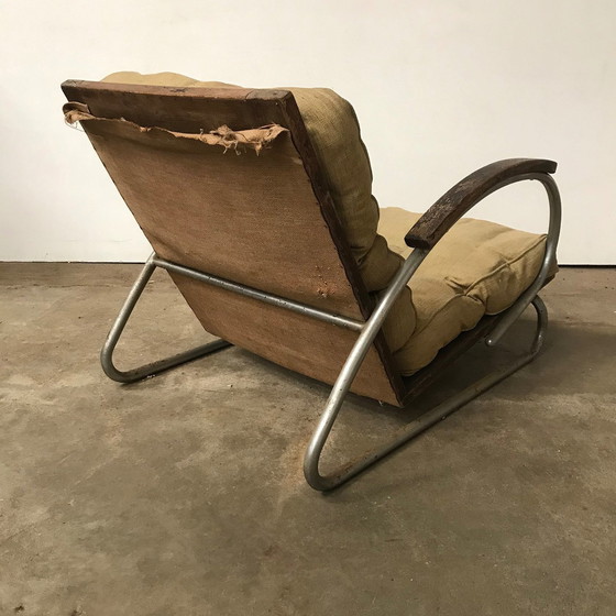 Image 1 of Fauteuil à base tubulaire et accoudoirs en bois 1930S