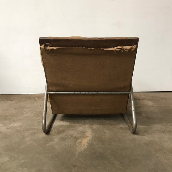 Image 1 of Fauteuil à base tubulaire et accoudoirs en bois 1930S