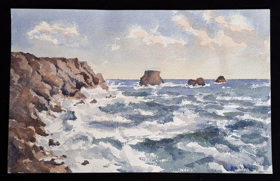 Image 1 of 4 Très Belles Aquarelles «  Bord De Mer «  Paysage Français, Belles Peintures 