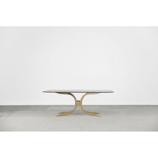 Table basse vintage en laiton et verre fumé foncé, 1970