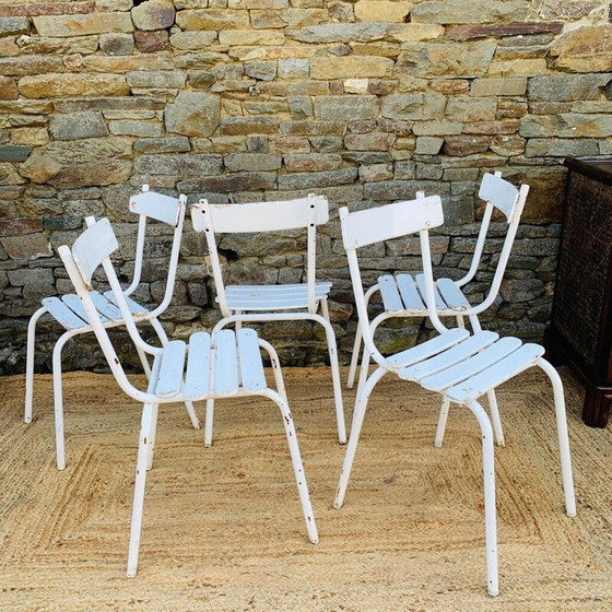 Image 1 of Ensemble de 5 chaises vintage en bois blanc et acier