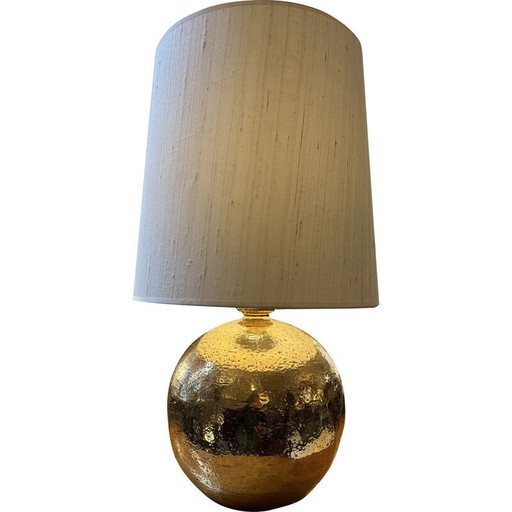 Lampe boule vintage en céramique dorée et soie, 1960