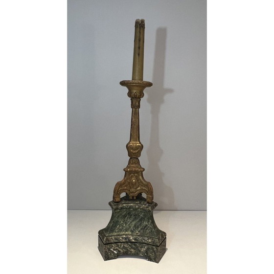 Image 1 of Chandelier vintage en bois sculpté et doré sur base patinée, France 1900