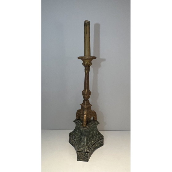 Image 1 of Chandelier vintage en bois sculpté et doré sur base patinée, France 1900