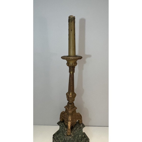 Image 1 of Chandelier vintage en bois sculpté et doré sur base patinée, France 1900