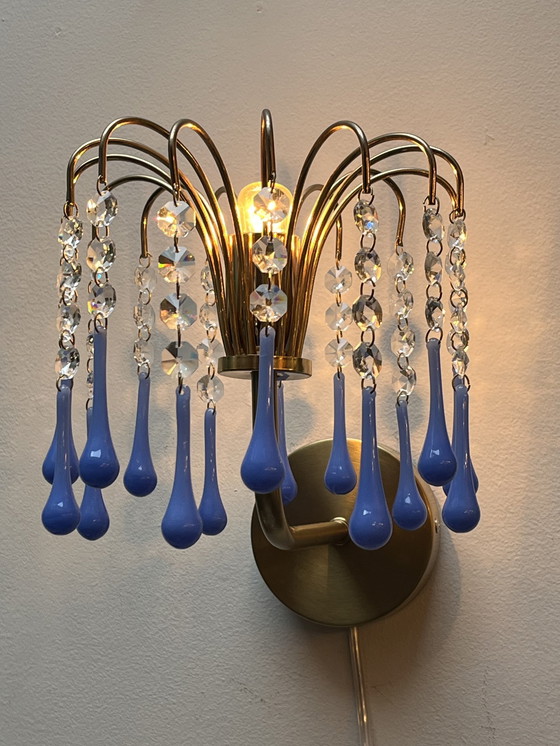 Image 1 of Ensemble de 2 appliques vintage bleu opalin cadre doré