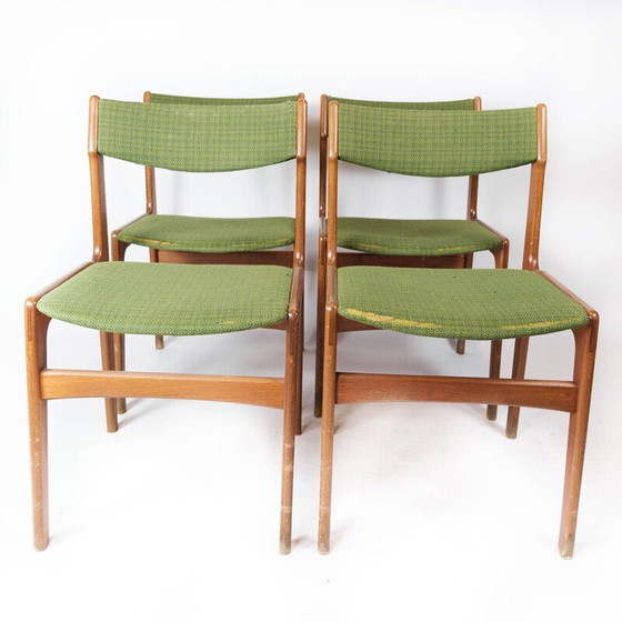 Image 1 of Ensemble de 4 chaises de salle à manger vintage en teck et tapisserie verte par Erik Buch pour O.D Møbler, 1960s