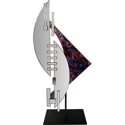 Sculpture vintage en métal et verre, 1980